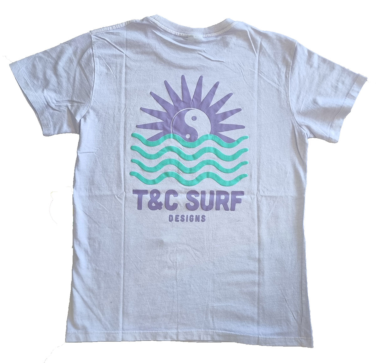 Town and Country Sunset Puff T-Shirt in washed lilac colourway with puff print from rear