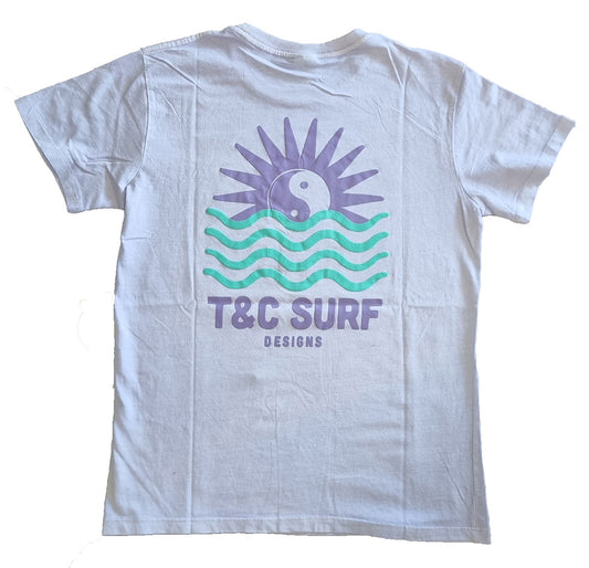 Town and Country Sunset Puff T-Shirt in washed lilac colourway with puff print from rear