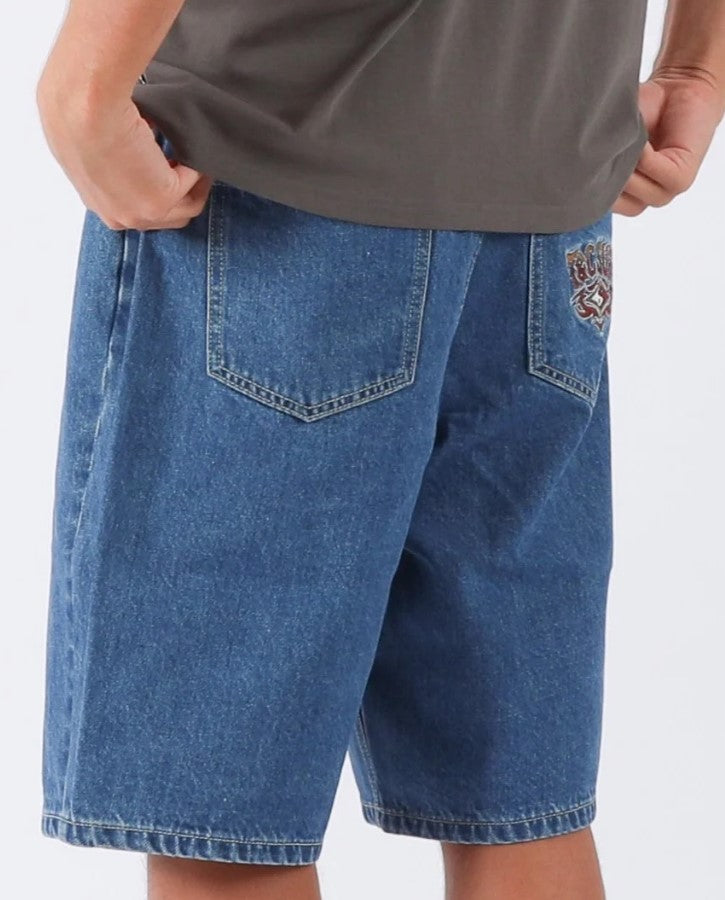 Town and Country Thrift Boys Denim Shorts in washed blue colourway from rear