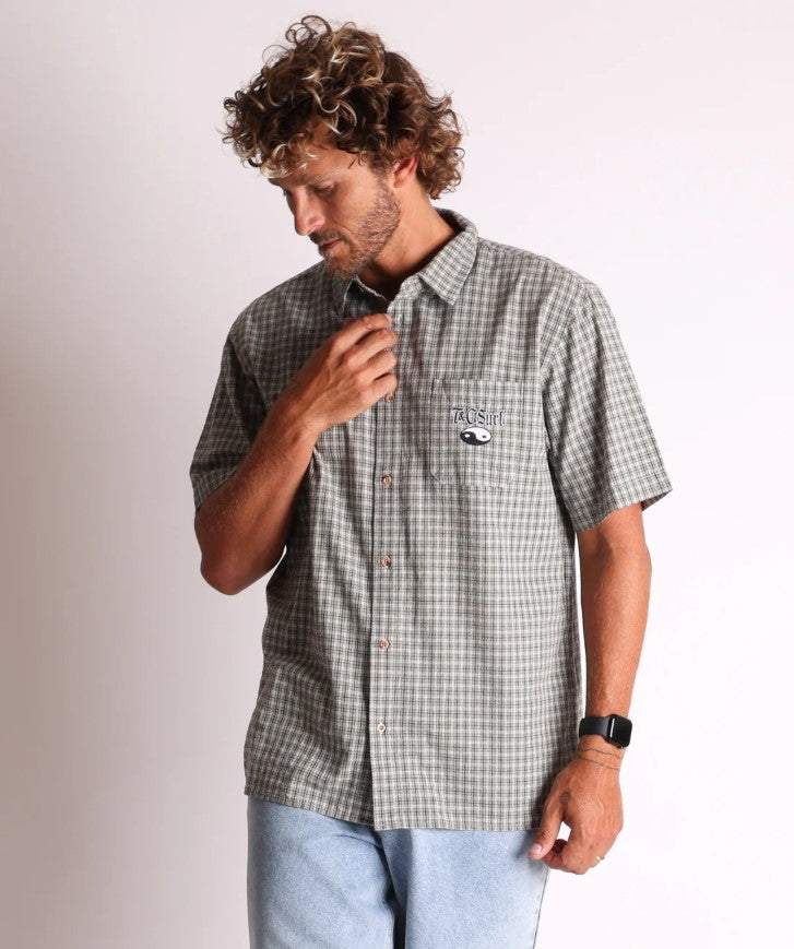 Town and Country Transit Short Sleeve Shirt  in grey check with embroidered logo and patch close up from front