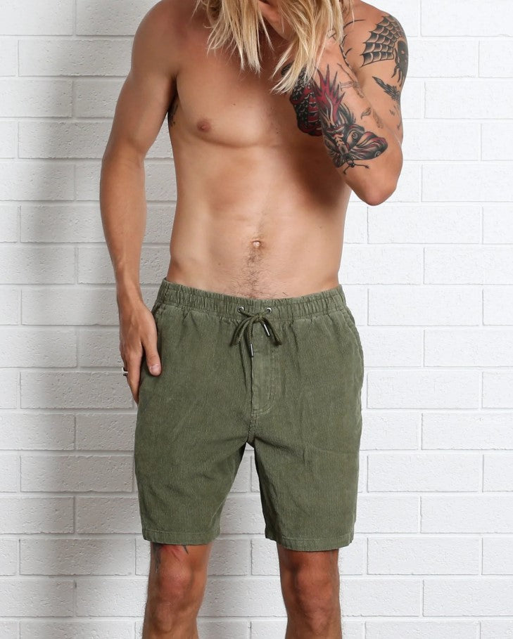 Town and Country Whaler Cord Shorts in military colourway from front