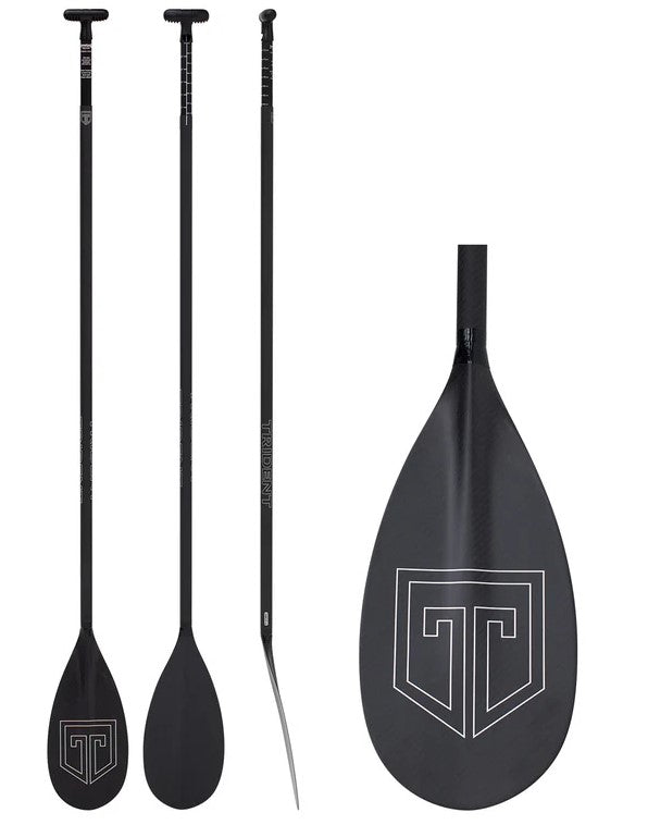 TRIDENT ELITE CARBON PADDLE LEVER LOCK paddleboard paddle showing top, bottom, side and blade views