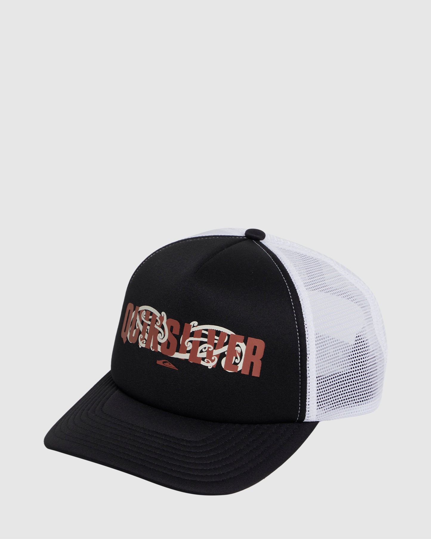 Quiksilver Kowhaiwahi-Mangopare Trucker Cap in black with Maori design through Quiksilver Wordmark and white mesh back