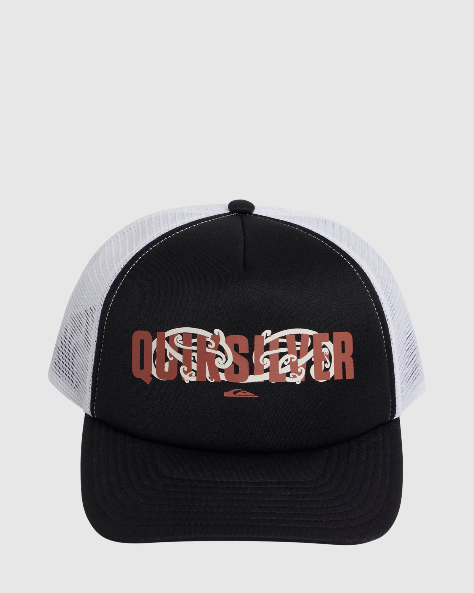 Quiksilver Kowhaiwahi-Mangopare Trucker Cap in black with Maori design through Quiksilver wordmark and white mesh from front