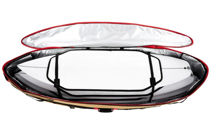 Veia Supplies 6'6 Four Surfboard Travel Bag showing the inside with four surfboards in it