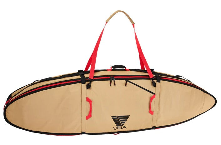 Veia Supplies 6'6 Four Surfboard Travel Bag side view showing carry strap in desert colourway