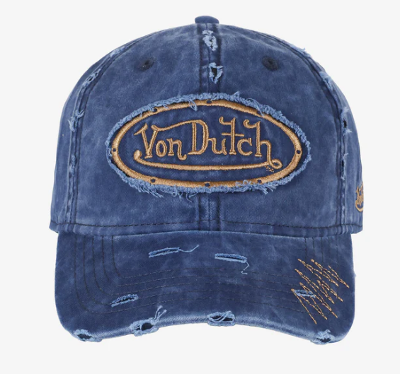 Von Dutch Unisex Distressed Zig Zag Dad Cap in dark navy colourway