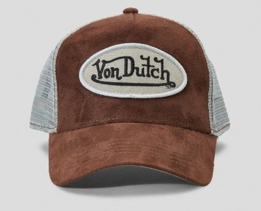 Von Dutch Brown Suede and White Trucker Cap on grey background
