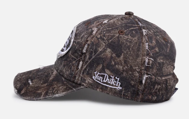 Von Dutch Unisex Destroyed Dad Cap in nature camo from side