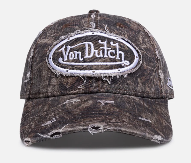 Von Dutch Unisex Destroyed Dad Cap in nature camo from front