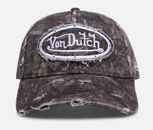 Von Dutch Unisex Destroyed Dad Cap in nature camo from front