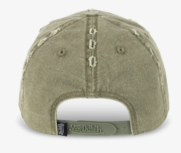 Von Dutch Unisex Destroyed Dad Cap in olive and mustard from rear