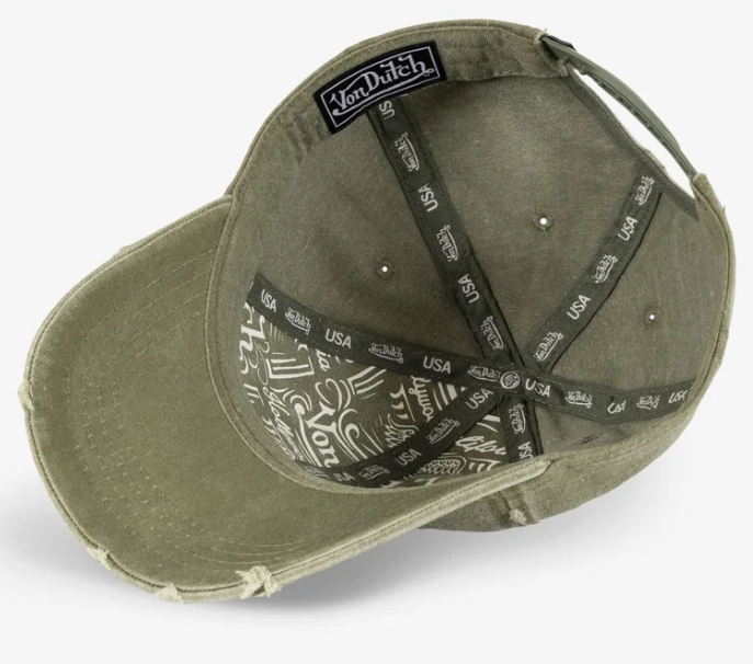 Von Dutch Unisex Destroyed Dad Cap in olive and mustard showing inside