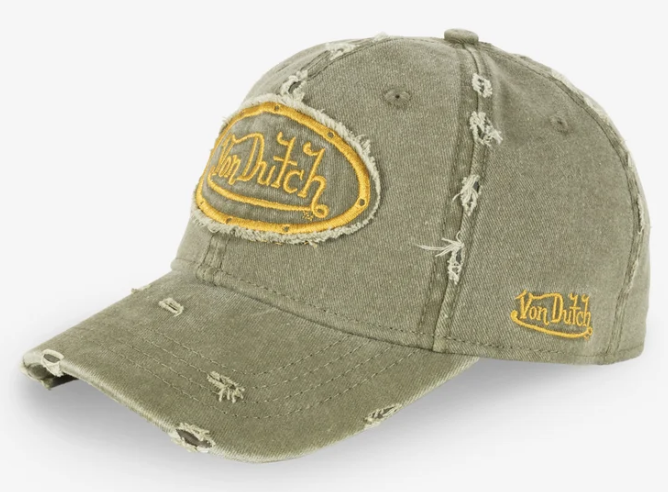 Von Dutch Unisex Destroyed Dad Cap in olive and mustard from side