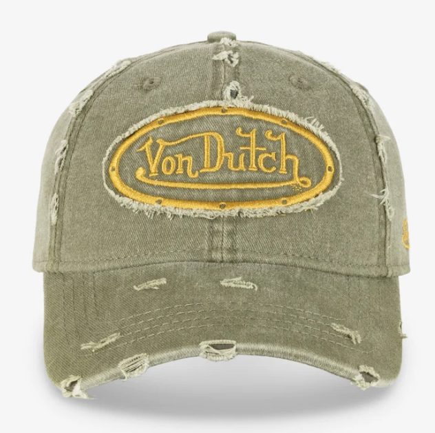 Von Dutch Unisex Destroyed Dad Cap olive and mustard from front