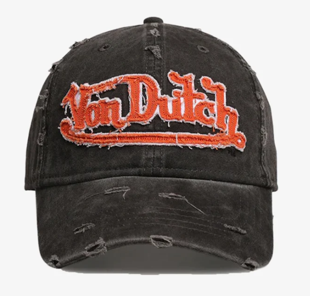 Von Dutch Unisex Destroyed Twill Logo Dad Cap in washed black with orange and white distressed logo