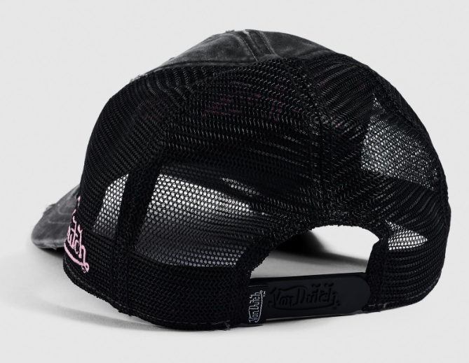 Von Dutch Distressed Unisex Trucker Cap - Black/Pink from rear