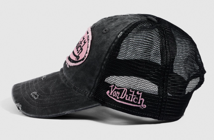 Von Dutch Distressed Unisex Trucker Cap - Black/Pink from side