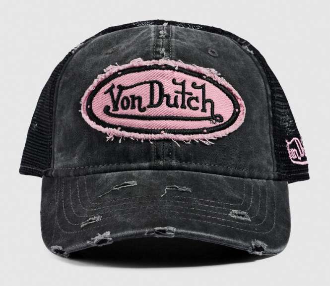 Von Dutch Distressed Unisex Trucker Cap - Black/Pink from front