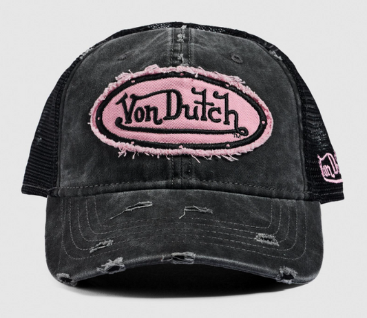 Von Dutch Distressed Unisex Trucker Cap - Black/Pink from front