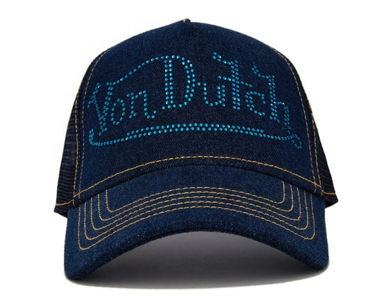 Von Dutch Navy Rhinestone Logo Denim Trucker Cap in navy denim with a blue rhinestone diamante Von Dutch logo