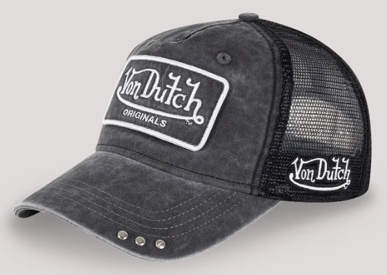 Von Dutch Originals Super Patch Trucker Cap in black denim from the side