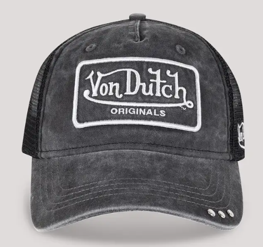 Von Dutch Originals Super Patch Trucker Cap in black denim from the front