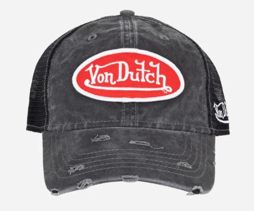 Von Dutch Patch Twill Trucker Cap in distressed washed black twill with black mesh back and red and white patch embroidered logo