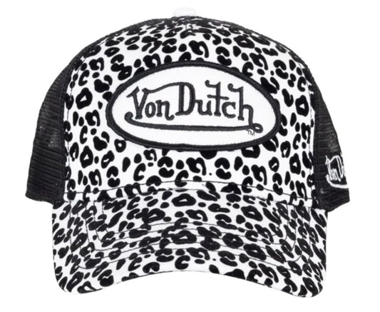 Von Dutch Twill Patch Trucker Cap in black and white leopard print with  black mesh and black and white embroidered logo patch