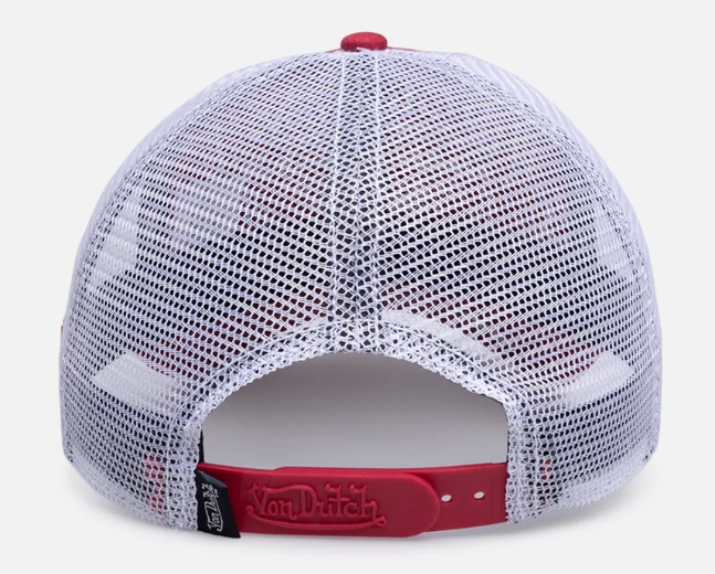 Von Dutch Twill Trucker Snapback Cap in washed red and white from rear