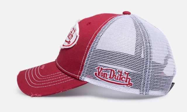 Von Dutch Twill Trucker Snapback Cap in washed red and white from side