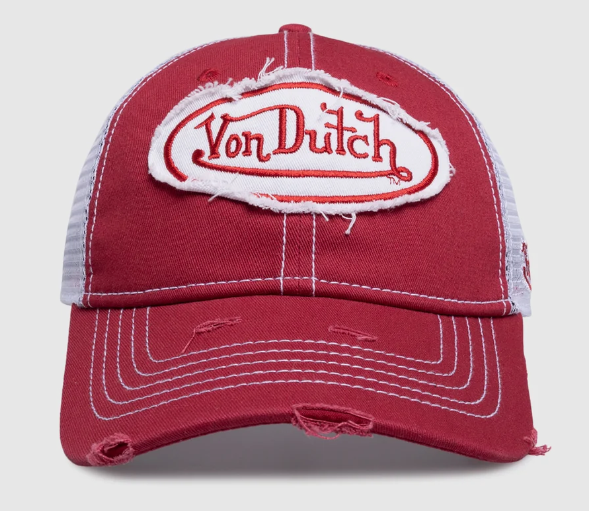 Von Dutch Twill Trucker Snapback Cap in washed red and white from front