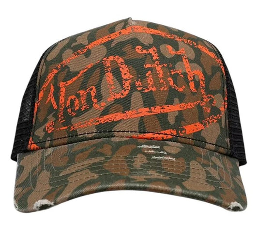 Von Dutch Unisex Trucker Cap  in camo twill with orange logo