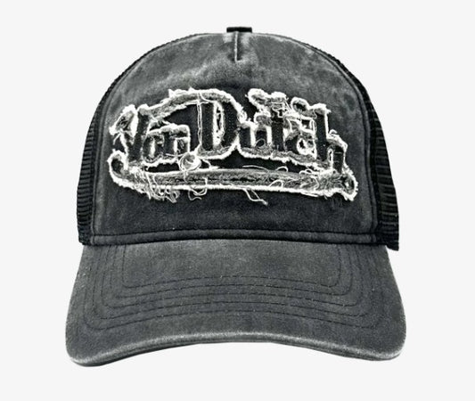 Von Dutch Unisex Trucker Cap un grey with black mesh and distressed front Von Dutch logo