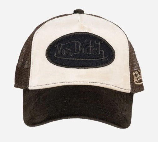 Von Dutch Velvet Patch Trucker Cap in brown and taupe colourway